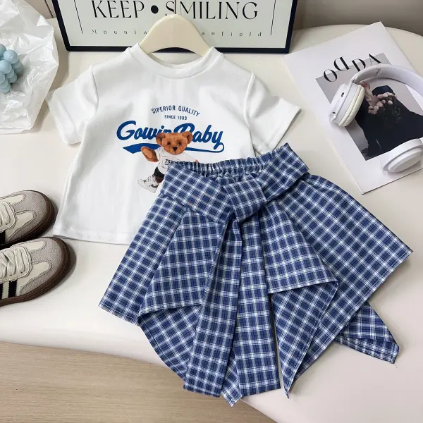 【18M-8Y】2-piece Girls Short Sleeved T-shirt And Irregular Plaid Skirt Set - Popopieshop.com 