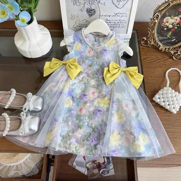 【18M-9Y】Girls Retro Ruffled Sleeves Mesh Bow Princess Dress - Popopieshop.com 