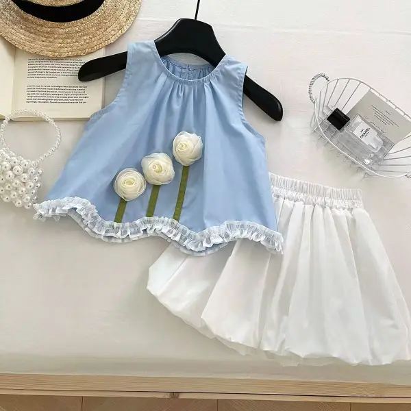 【18M-10Y】2-piece Girls Solid Color Flower Sleeveless Shirt And Bud Shorts Set - Popopieshop.com 