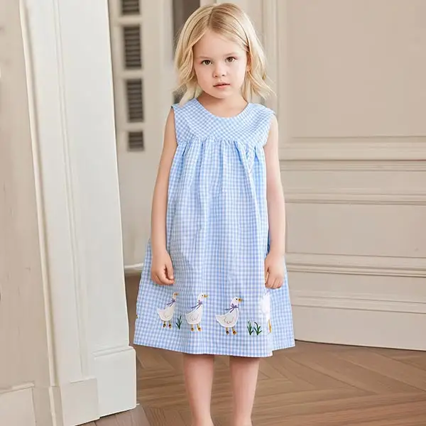 【18M-7Y】Girls Cotton Plaid Duck Embroidery Sleeveless Dress - Popopieshop.com 