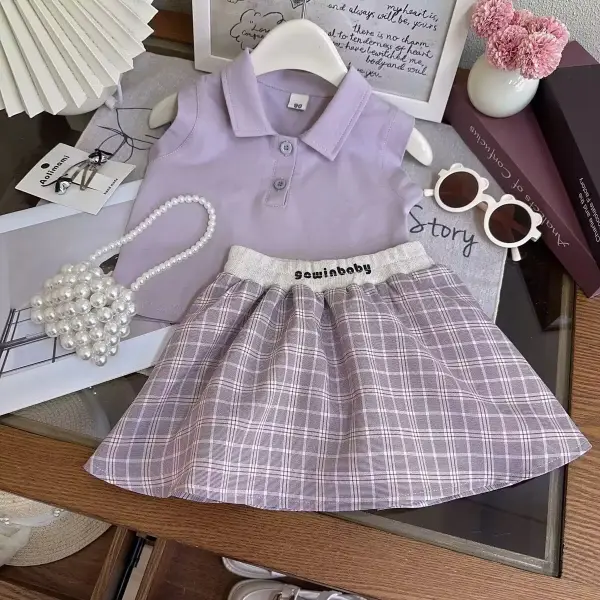 【18M-8Y】2-piece Girls Solid Color Sleeveless Top And Plaid Skirt Set - Popopieshop.com 