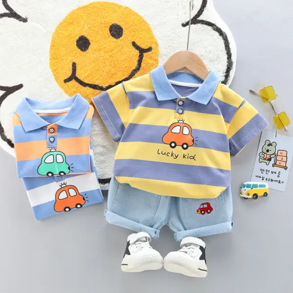 【12M-4Y】2-piece Boys Striped Car Print Short Sleeve T-shirt And Denim Shorts Set - Popopieshop.chimpone.com 