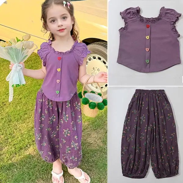 【18M-9Y】2-piece Girls Colorful Button Ruffled Sleeve T-shirt And Bloomers Set - Popopieshop.com 