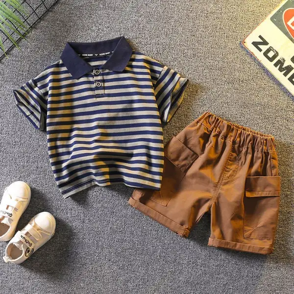 【12M-5Y】2-piece Boys Striped Print Polo Shirt And Shorts Set - Popopieshop.com 