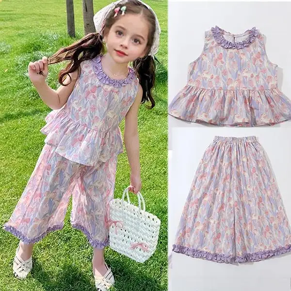 【18M-9Y】2-piece Girls Cute Chiffon Floral Print Sleeveless Top And Wide-Legging Pants Set - Popopieshop.com 