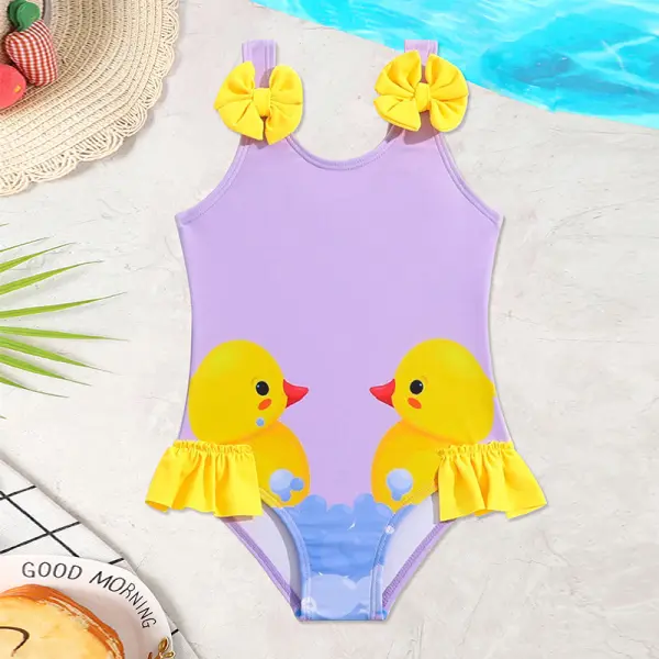【18M-5Y】Girls Duck Print Bow One-piece Swimsuit - Popopieshop.com 