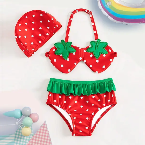 【18M-5Y】3-piece Girls Strawberry Print Swimsuit Sets - Popopieshop.com 
