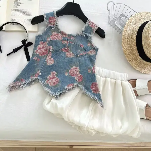 【18M-10Y】2-piece Girls Denim Camisole Top And Flower Bud Shorts Set - Popopieshop.chimpone.com 