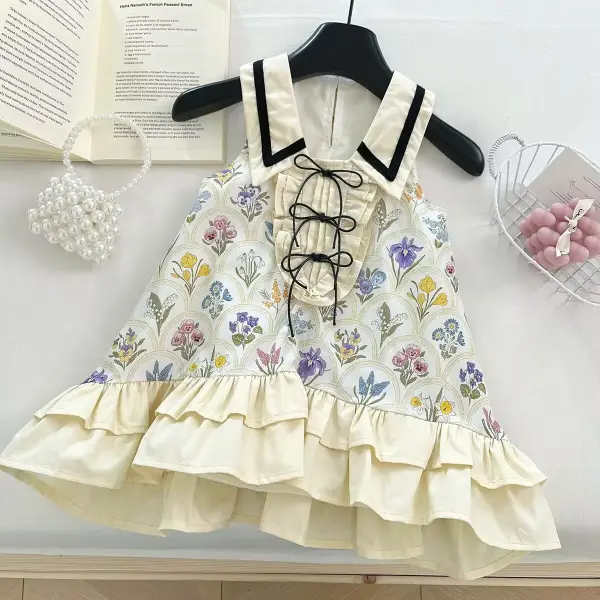 【18M-10Y】Girls Vintage Print Lapel Sleeveless Dress - Popopieshop.com 