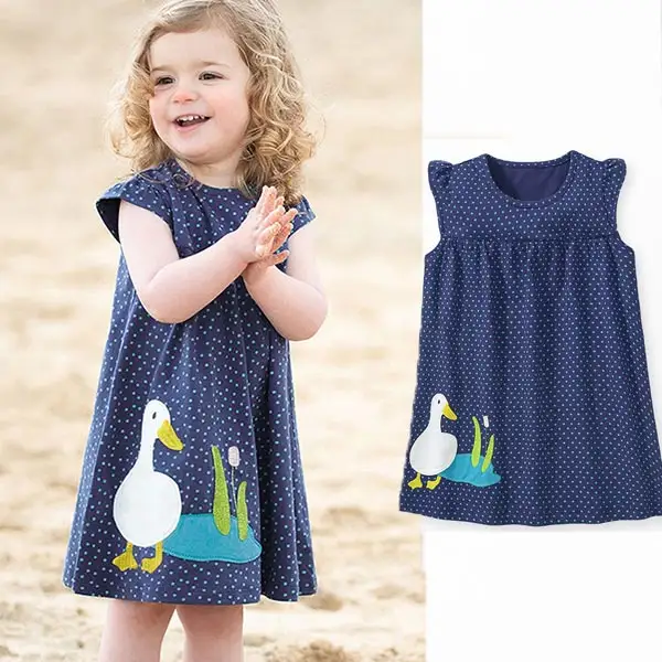 【18M-7Y】Girls Cute Little Duck Pattern And Flower Embroidered Blue Dress - Popopieshop.com 