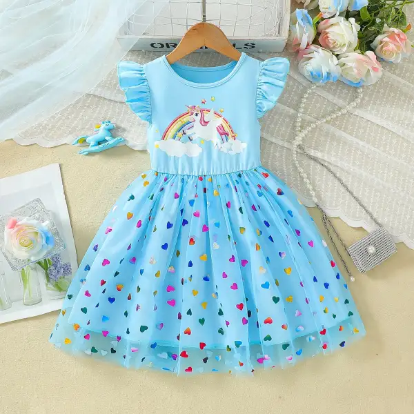 【1Y-8Y】Girls Unicorn Print Heart Mesh Short Sleeve Dress - Popopie.com 