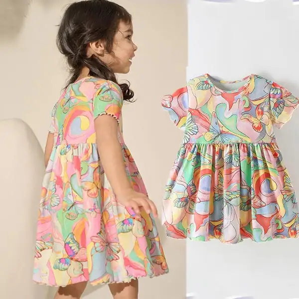 【2Y-8Y】Girls Vintage Print Round Neck Short Sleeveless Dress - Popopieshop.com 