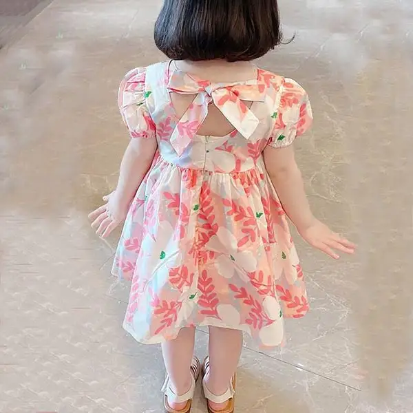 【12M-6Y】Girls Sweet Back Bow Design Floral Print Bubble Sleeve Dress - Popopieshop.com 