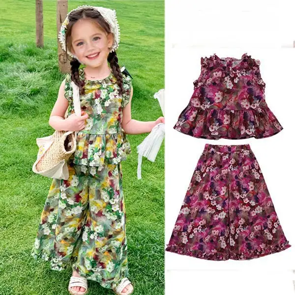 【18M-8Y】2-piece Girls Cute Chiffon Floral Print Sleeveless Top And Wide-Legging Pants Set - Popopieshop.chimpone.com 