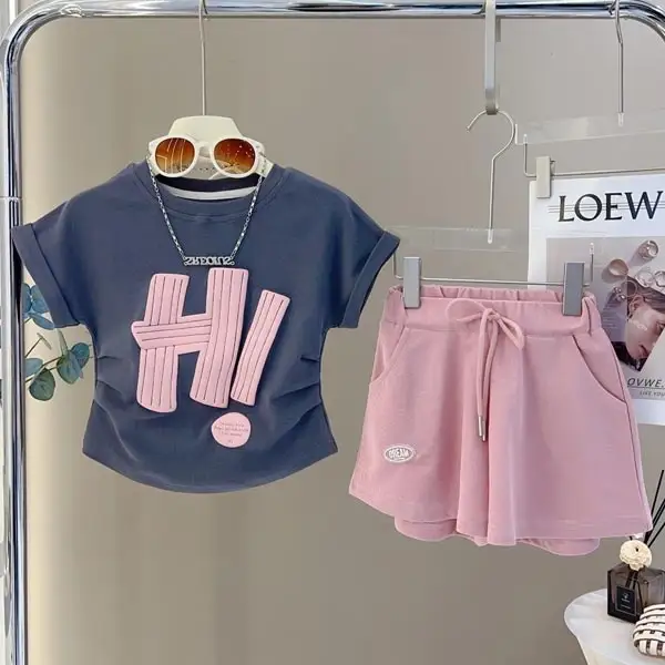 【2Y-13Y】2-piece Girls Letter Printed Short Sleeve T-shirt And Shorts Set - Popopieshop.com 