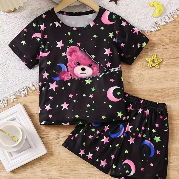 【18M-7Y】2-piece Girls Bear Print Luminous Pattern Loungewear Set - Popopieshop.com 