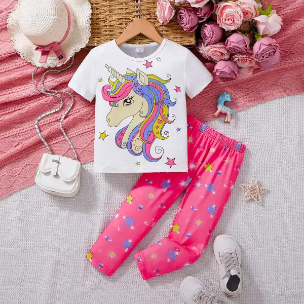 【3Y-7Y】2-piece Girls Unicorn Print Short Sleeve T-shirt And Pants Set - Popopieshop.com 