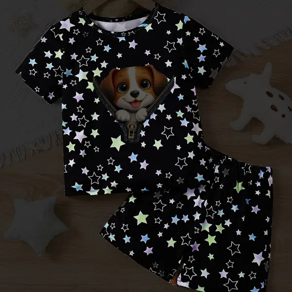 【18M-7Y】2-piece Girls Dog Print Luminous Pattern Loungewear Set - Popopieshop.com 