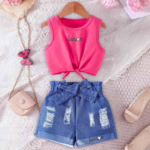 【3Y-10Y】2-piece Girls Fashion Love Print Tank Top And Shorts Set - Popopieshop.com 