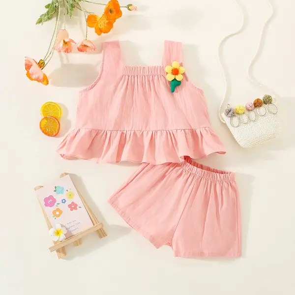 【12M-4Y】2-piece Girls Solid Color Ruffled Cami And Shorts Set - Popopieshop.com 