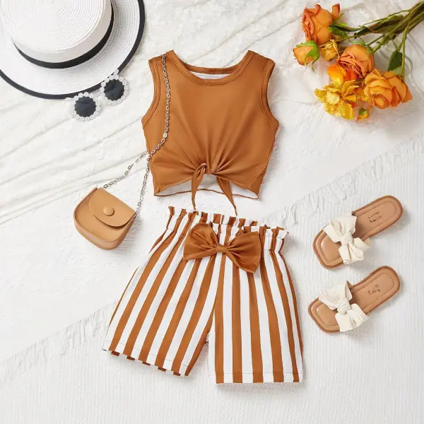 【3Y-10Y】2-piece Girls Round Neck Knot Hem Tank Top & Striped Paperbag Waist Belted Shorts - Popopieshop.com 