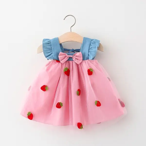 【12M-4Y】Girls Strawberry Embroidered Bow Patchwork Denim Sleeveless Dress - Popopieshop.com 