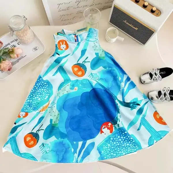 【2Y-8Y】Girls Blue Printed Painting Style Ruffle Sleeveless Dress - Popopieshop.com 