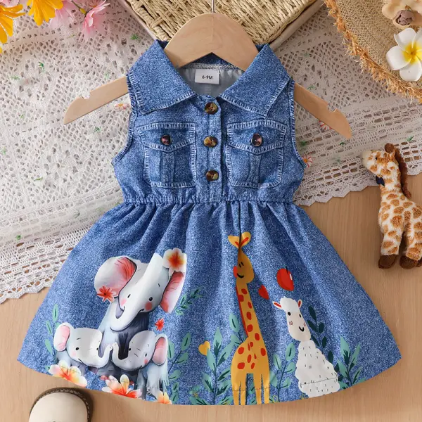 【6M-3Y】Girls Casual Cute Round Neck Flying Sleeve Animal Pattern Print Dress - Popopieshop.com 