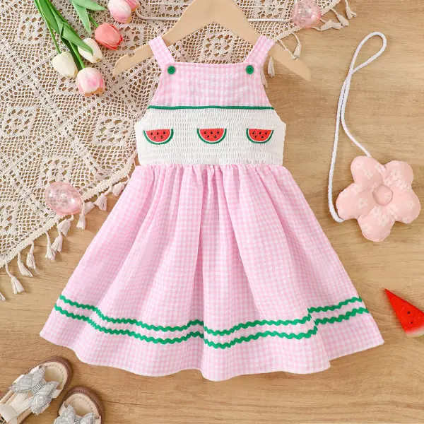 【1Y-6Y】Girls Pink Plaid Watermelon Embroidered Dress - Popopieshop.com 