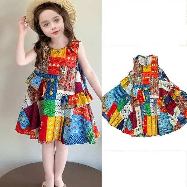 【2Y-8Y】Girls Colorful Plaid Stitching Bohemian Sleeveless Holiday Beach Dress - Popopieshop.com 