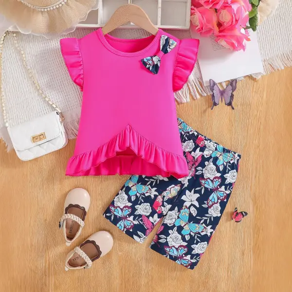 【3Y-7Y】2-piece Girls Pink Bow Shirt And Floral Shorts Set - Popopieshop.com 