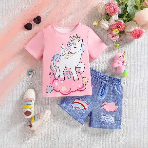 【3Y-7Y】2-piece Girls Pink Unicorn Printed Shirt And Denim Shorts Set - Popopieshop.com 