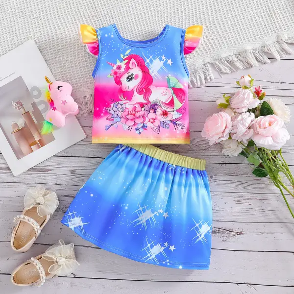 【1Y-8Y】2-piece Girls Color Unicorn Shirt And Skirt Set - Popopieshop.com 