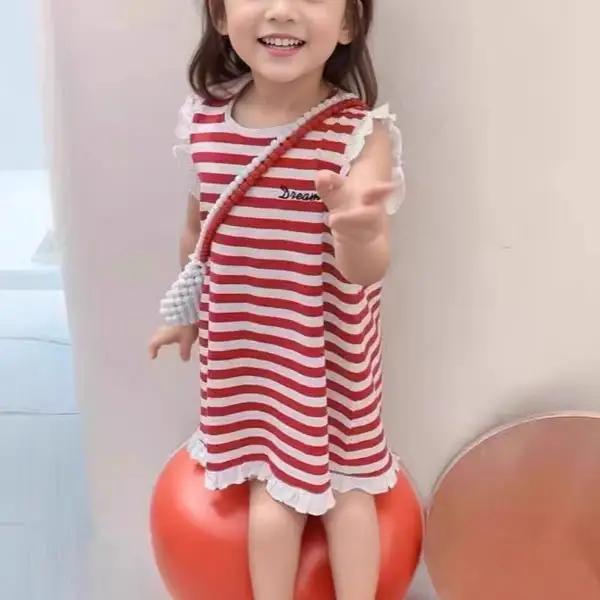 【12M-8Y】Girls Sweet Cotton Stripe Print Ruffled Sleeve Dress - Popopieshop.com 