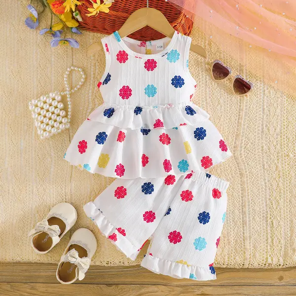 【6M-3Y】2-piece Girls Sweet Floral Print Ruffled Top And Shorts Set - Popopieshop.com 
