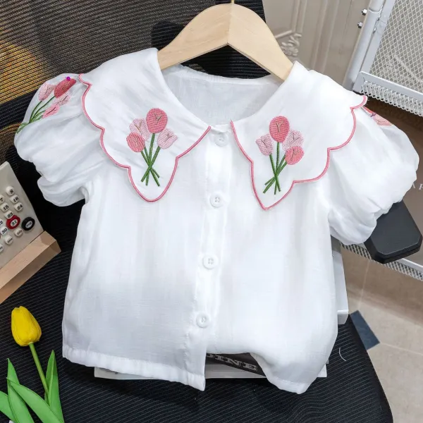 【12M-6Y】Girls Fashion Floral Embroidery Lapel White Blouse - Popopieshop.com 