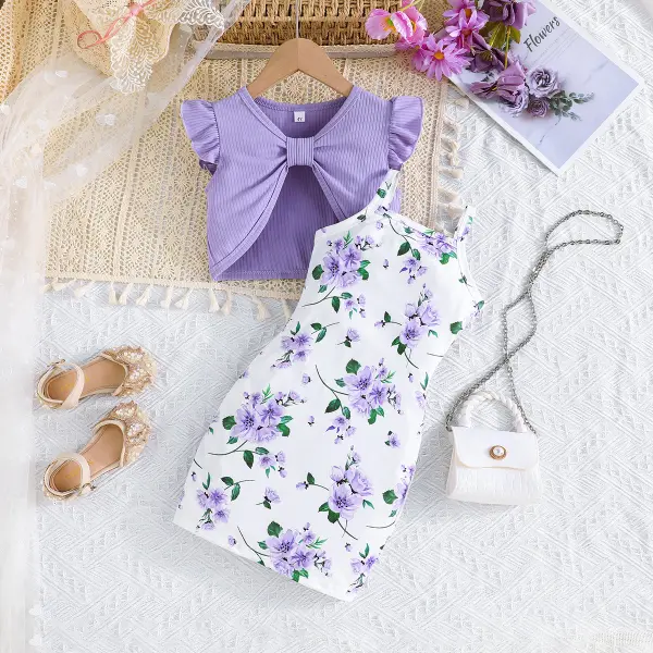 【4Y-9Y】2-piece Girls Elegant Bowknot Ruffled Short Top And Floral Print Suspender Dress Set - Popopieshop.com 