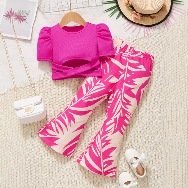 【3Y-10Y】2-piece Girls Cross Strap Top Leaf Printed Flared Pants Set - Popopieshop.com 