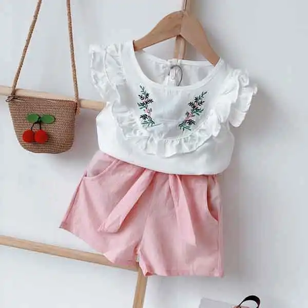 【2Y-8Y】2-piece Girls Embroidered Printed Ruffle Sleeve Shirt And Shorts Set - Popopieshop.chimpone.com 