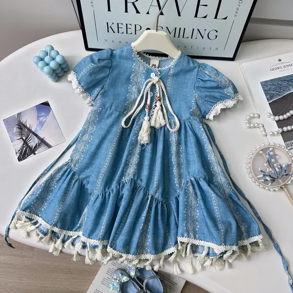 【18M-9Y】Girls Blue Bohemian Embroidery Tassel Denim Dress - Popopieshop.com 