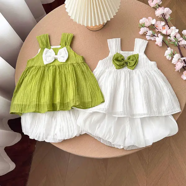 【12M-7Y】2-piece Girls Bow Top And Shorts Set - Popopieshop.com 