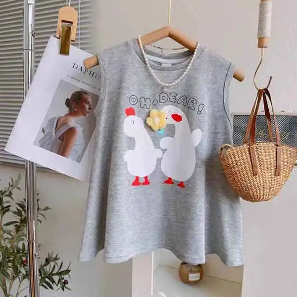 【12M-15Y】Girls Cute White Gooses Print Sleeveless Dress - Popopieshop.com 