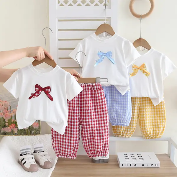 【12M-6Y】Girls Bow Print Short-sleeved T-shirt And Plaid Pants Set - Popopieshop.com 