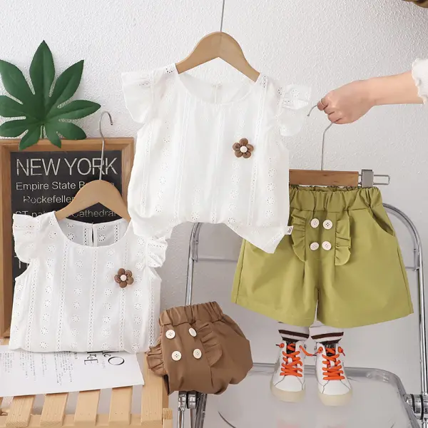 【12M-5Y】2-piece Girls White Flower Top And Green Shorts Set - Popopieshop.com 