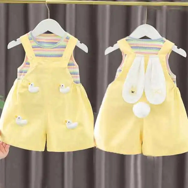 【6M-4Y】2-piece Girls Sweet Colorful Striped Tank Top And Overalls Set With 3D Duck In Front And Bunny Ears In The Back - Popopieshop.com 