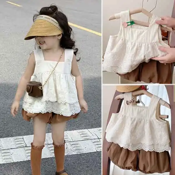 【12M-6Y】Girls Ruffle Hem Lace Tank Top And Flower Bud Shorts Set - Popopieshop.com 