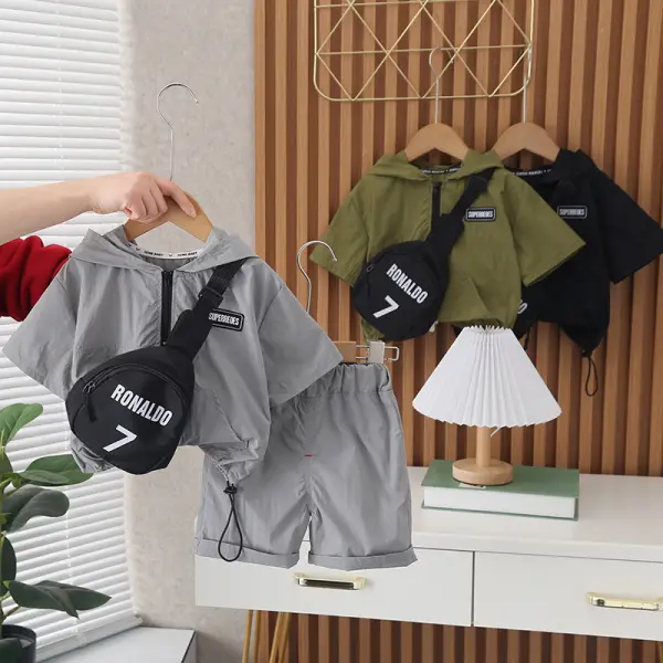 【12M-5Y】3-piece Boys Solid Color Hoodie And Shorts Set With Bag - Popopieshop.com 