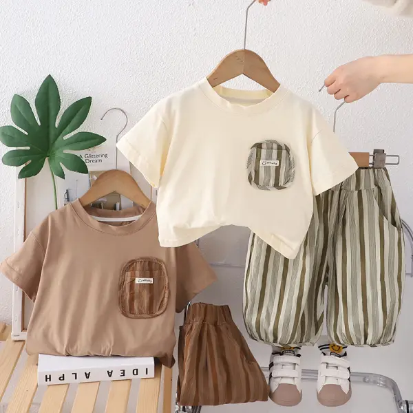 【12M-5Y】2-piece Boys Pocket Shirt And Striped Pants Set - Popopieshop.com 