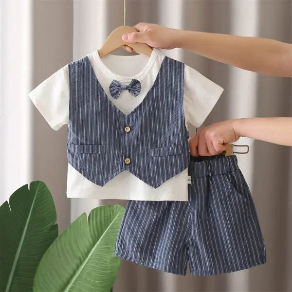 【12M-5Y】2-piece Boys Striped Print Top And Shorts Set - Popopieshop.com 
