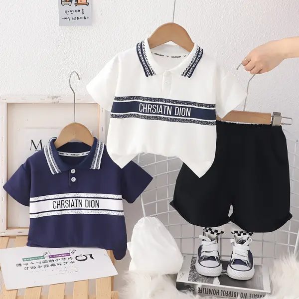 【12M-5Y】2-piece Boys Letter Striped Print Shirt And Shorts Set - Popopieshop.com 